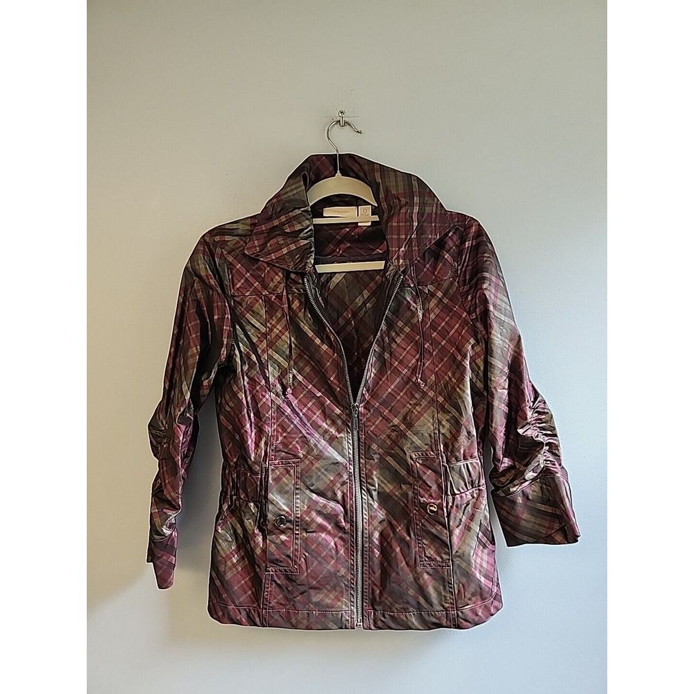 Chicos Womens S 0 Berry Purple Green Plaid Shimmer Light Jacket 3/4 Sleeves